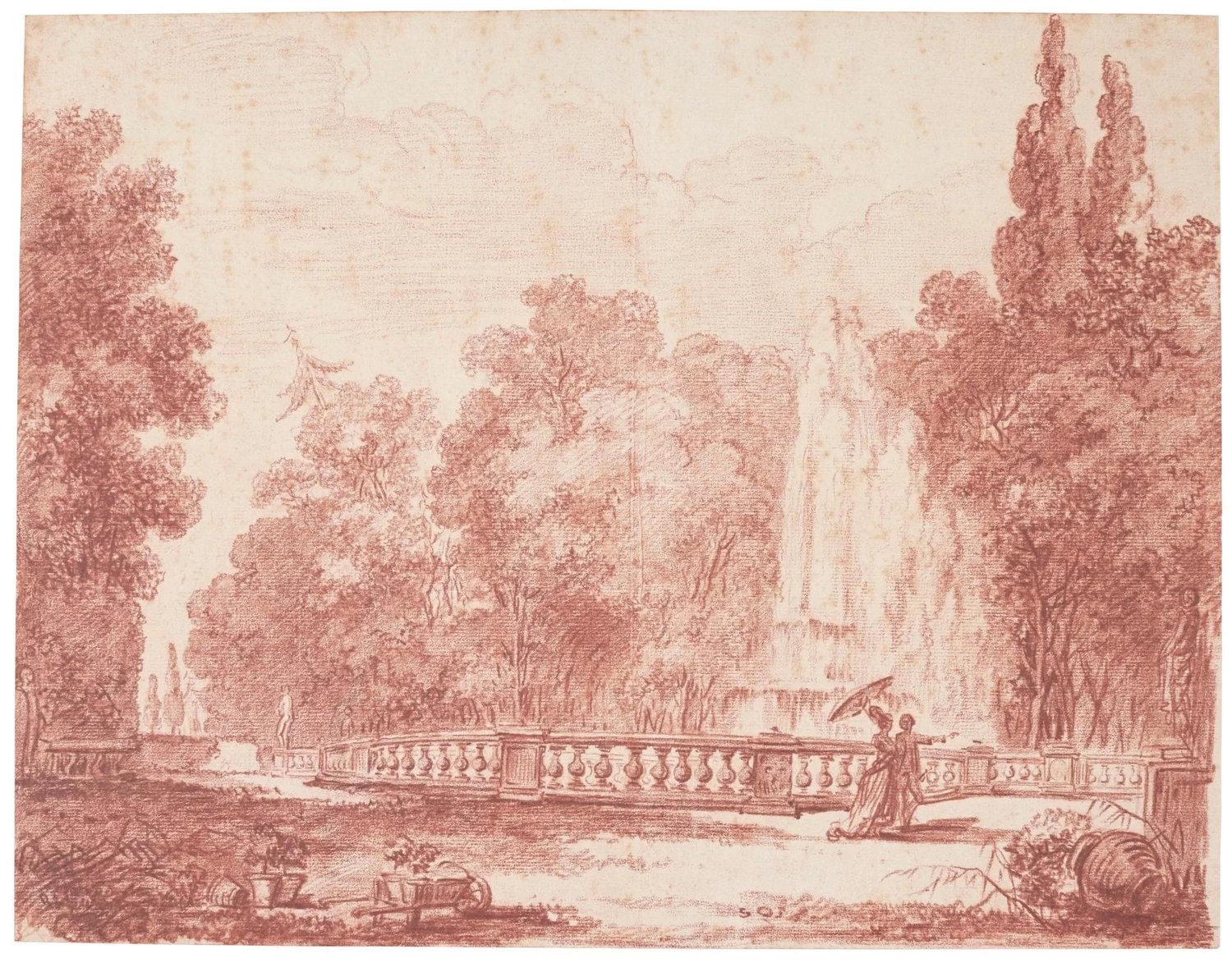 Elegante compagnia passeggia nei giardini di una villa romana